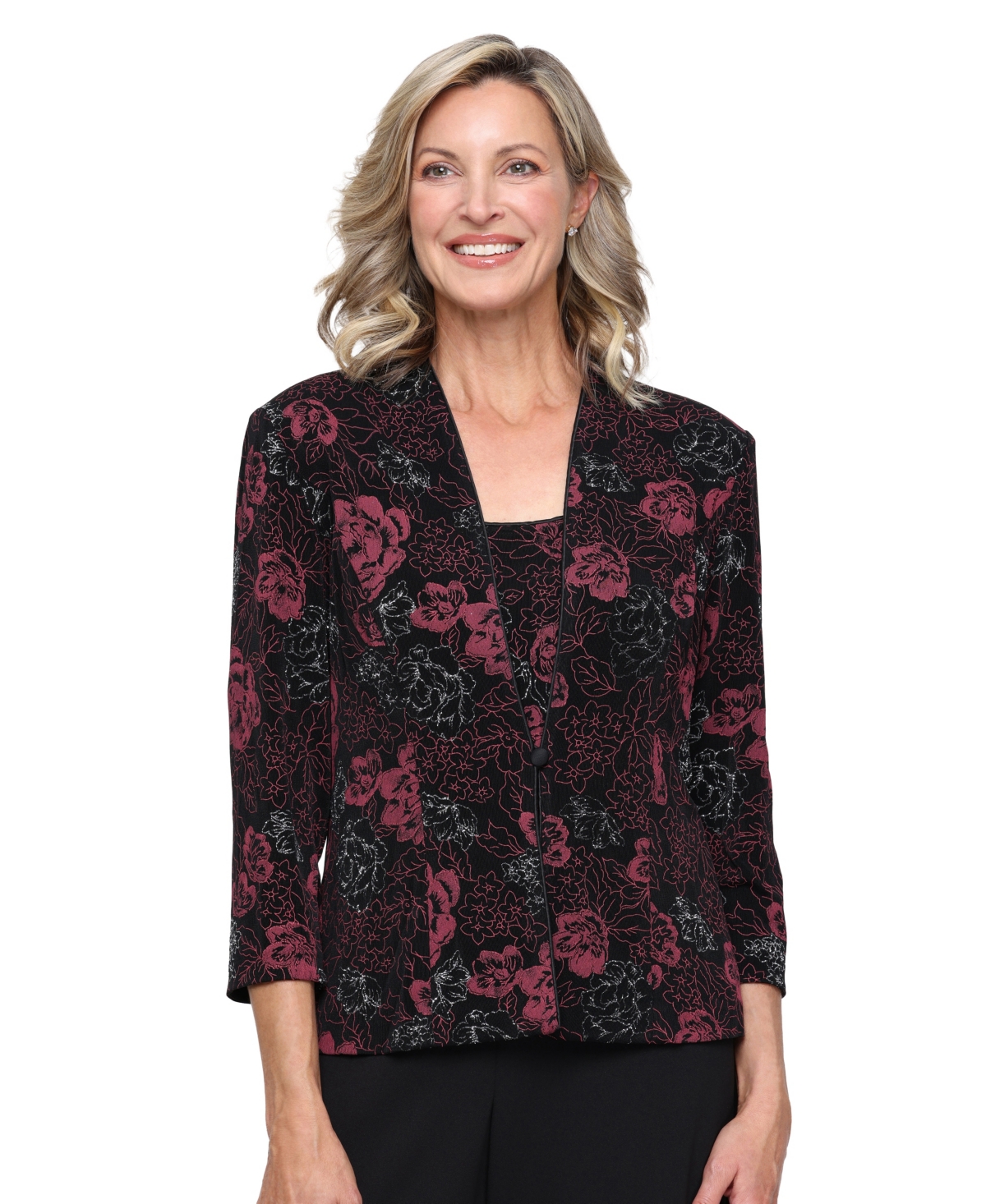 Alex Evenings Women's 3/4-Sleeve Scoop Neck Floral-Print Tank and Jacket, 2-Piece Set - Black/Wine