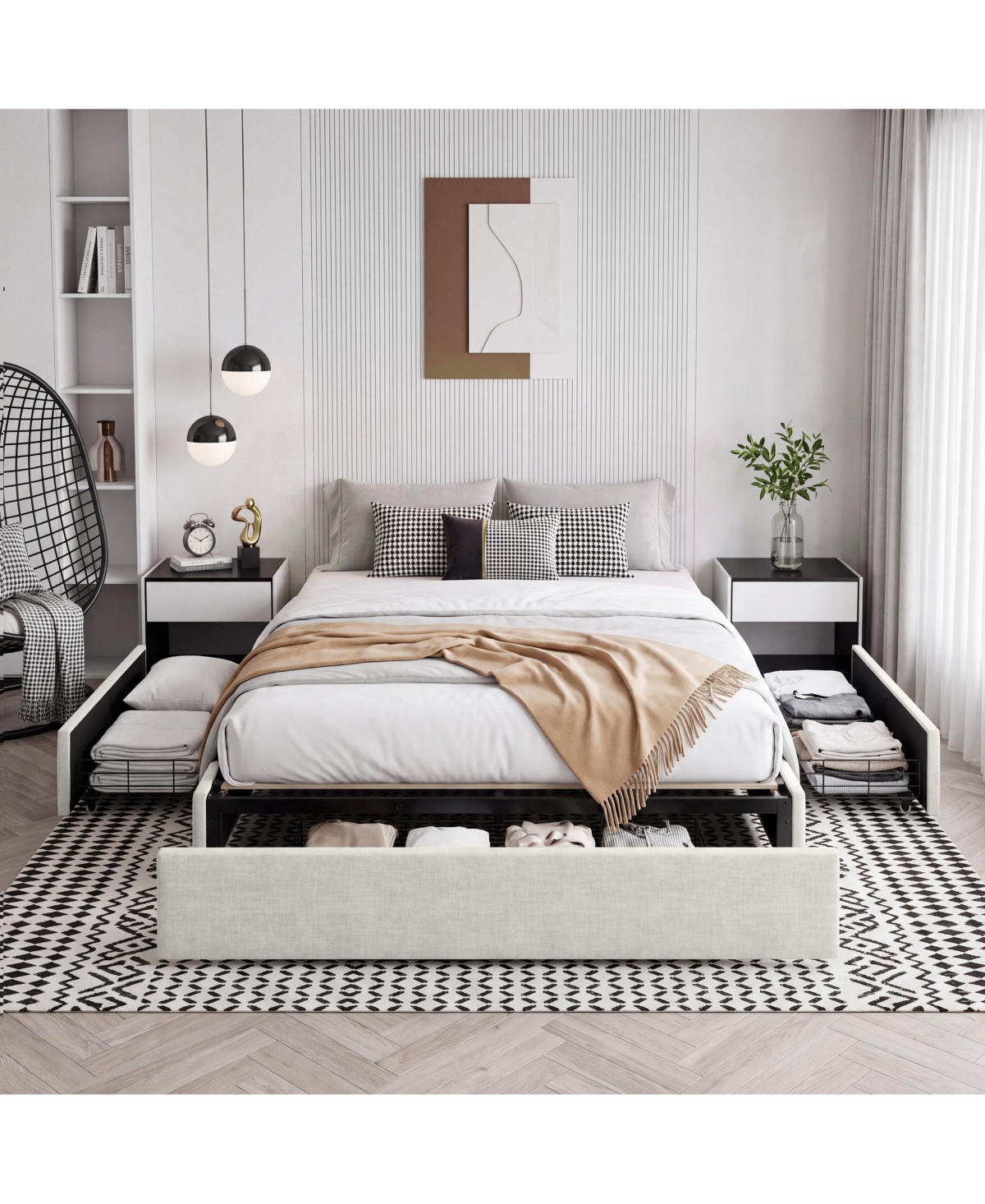 homfan Queen Platform Bed Frame with 3 Storage Drawers Upholstered No Headboard Wooden Slats Support Box Spring Needed Easy Assembly