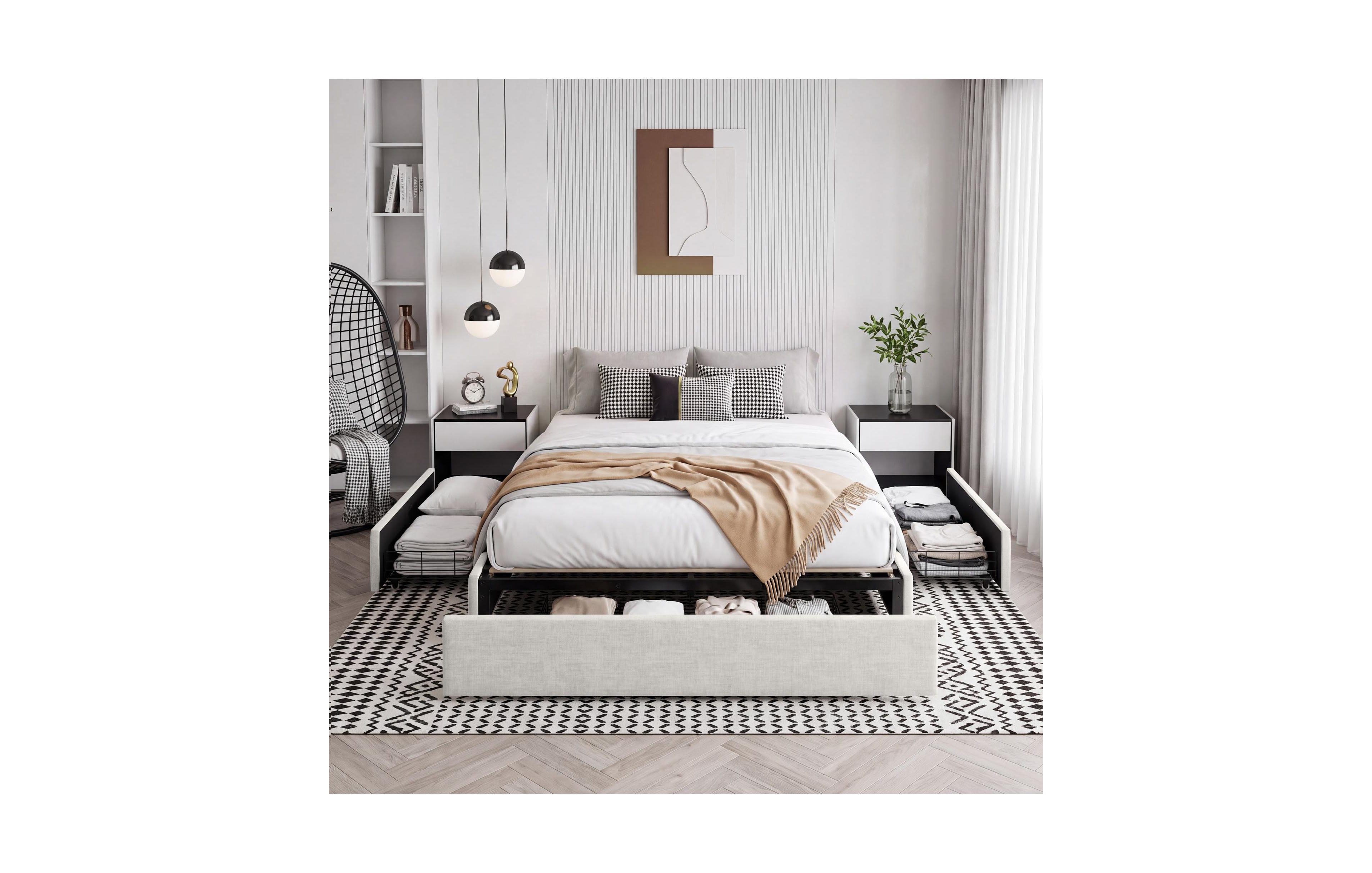 homfan Queen Platform Bed Frame with 3 Storage Drawers Upholstered No Headboard Wooden Slats Support Box Spring Needed Easy Assembly