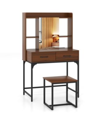 Vanity Desk and Stool Set with Charging Station Mirrored Cabinet and 2 Drawers