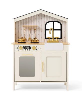 Farmhouse Wooden Play Kitchen with Storage and Clickable Knobs, Ages 3+