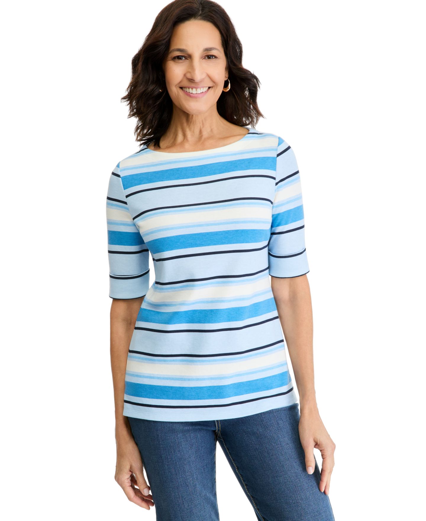 Женский топ Style & Co Printed Elbow Sleeve Boatneck, цвет: Синий — фото 1
