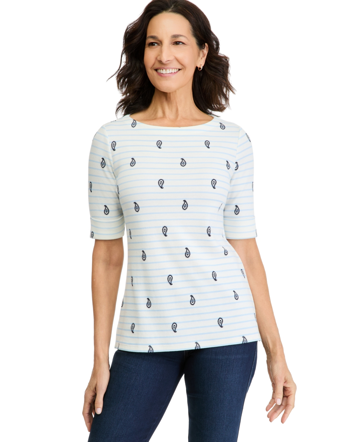 Style & Co Women's Printed Elbow Sleeve Boatneck Top, Macy's Exclusive - Fresh Vanilla
