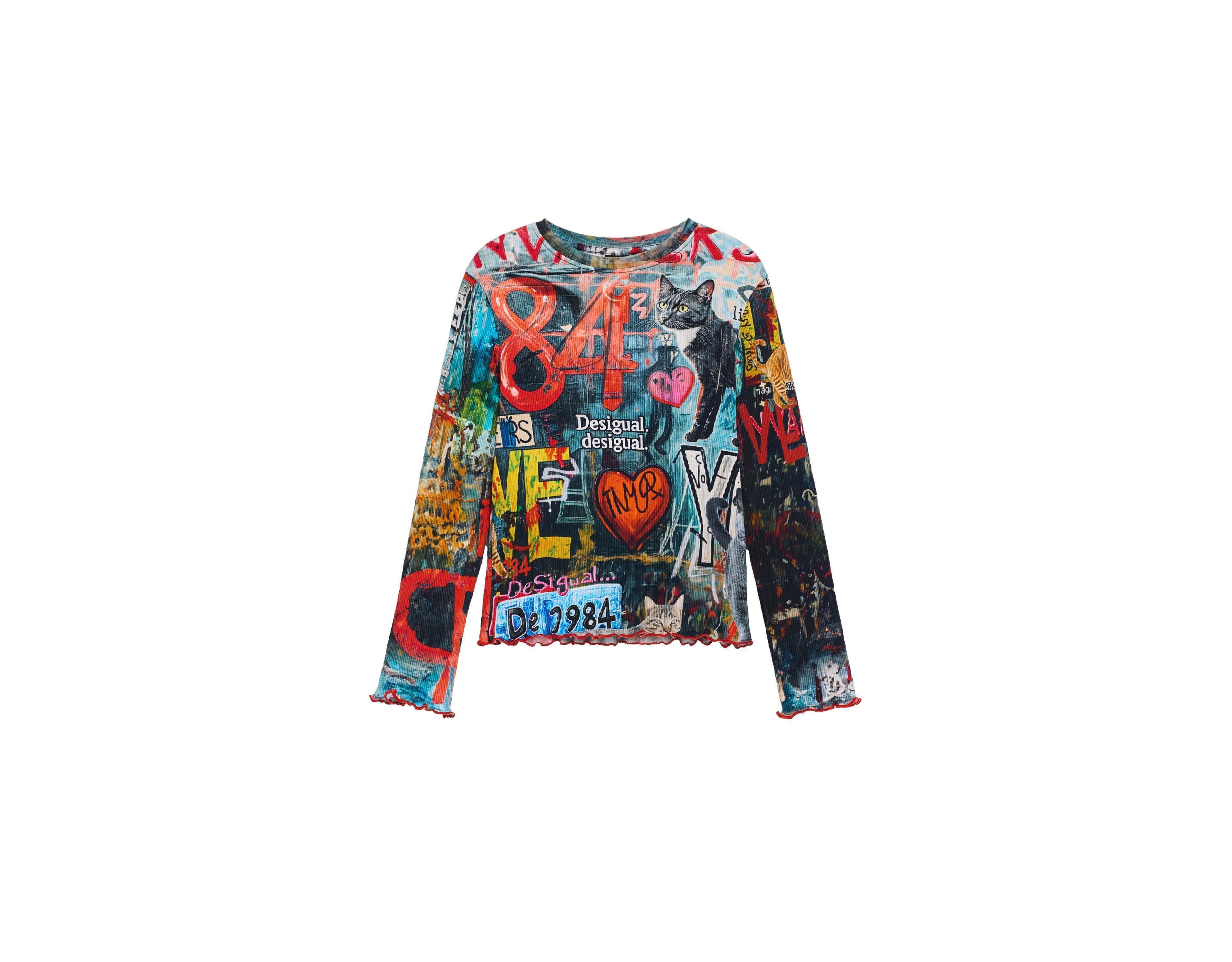 Desigual Girls' 4-16 Graphic Lettuce-Edge Long-Sleeve T-Shirt
