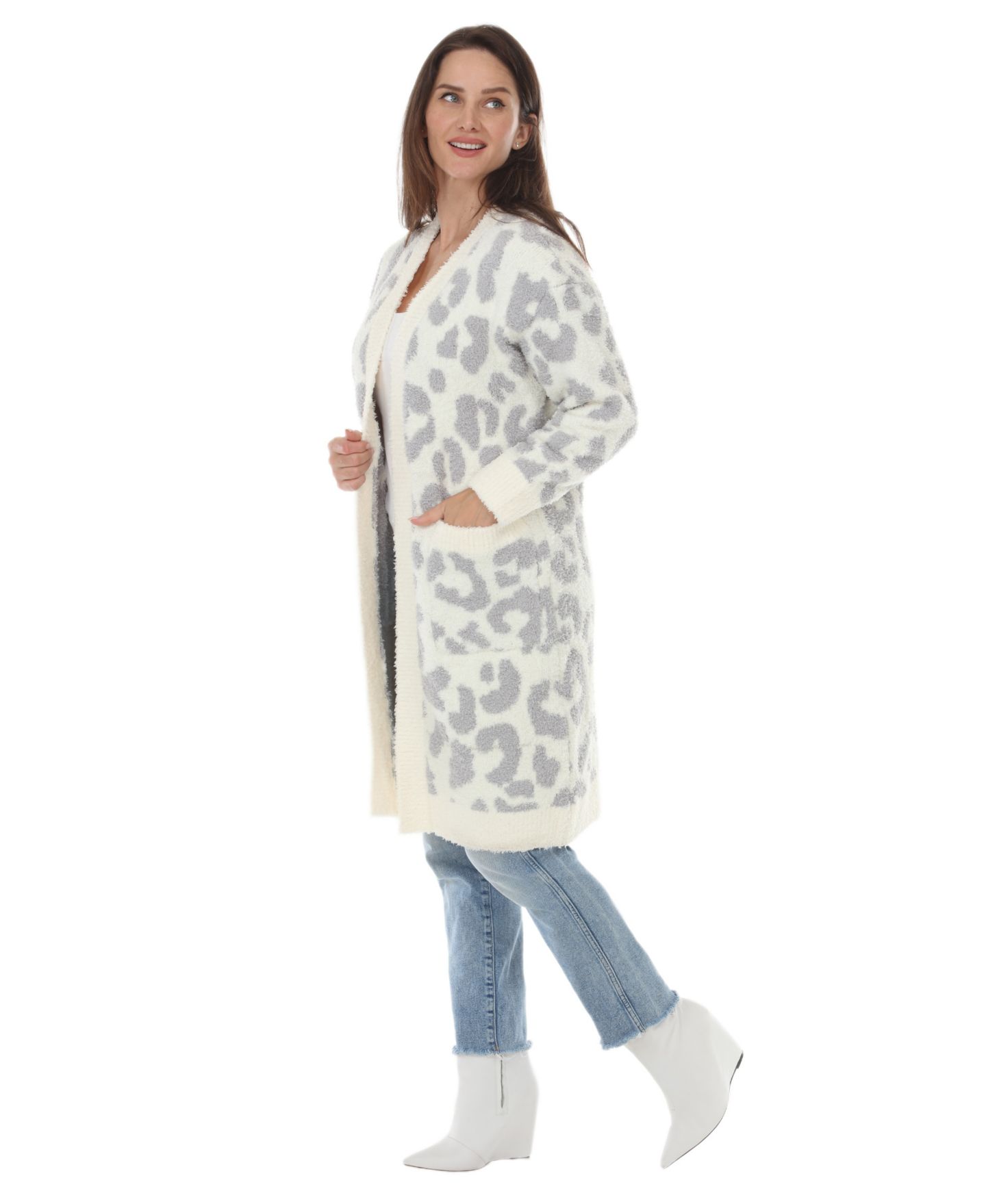 Женский кардиган White Mark Leopard-Print Sherpa Open-Front, цвет: Бежевый — фото 3