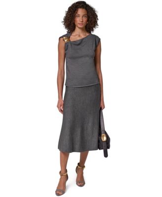 Women's One-Shoulder Sleeveless Shoulder-Hardware Blouse and A-Line Midi Pull-On Skirt