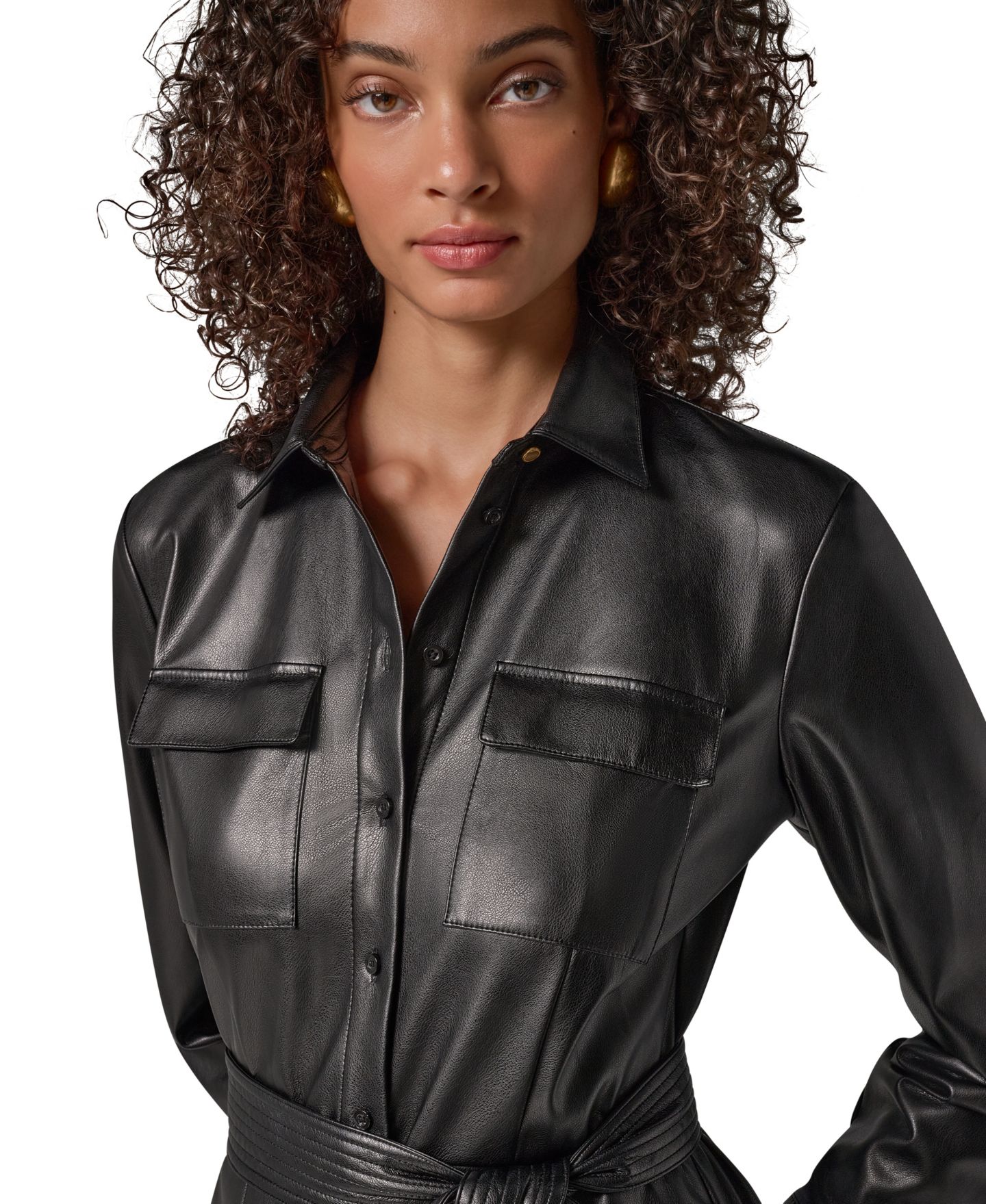 Женское платье Donna Karan New York Faux Leather Belted Fitted Shirt Dress, цвет: Чёрный — фото 6