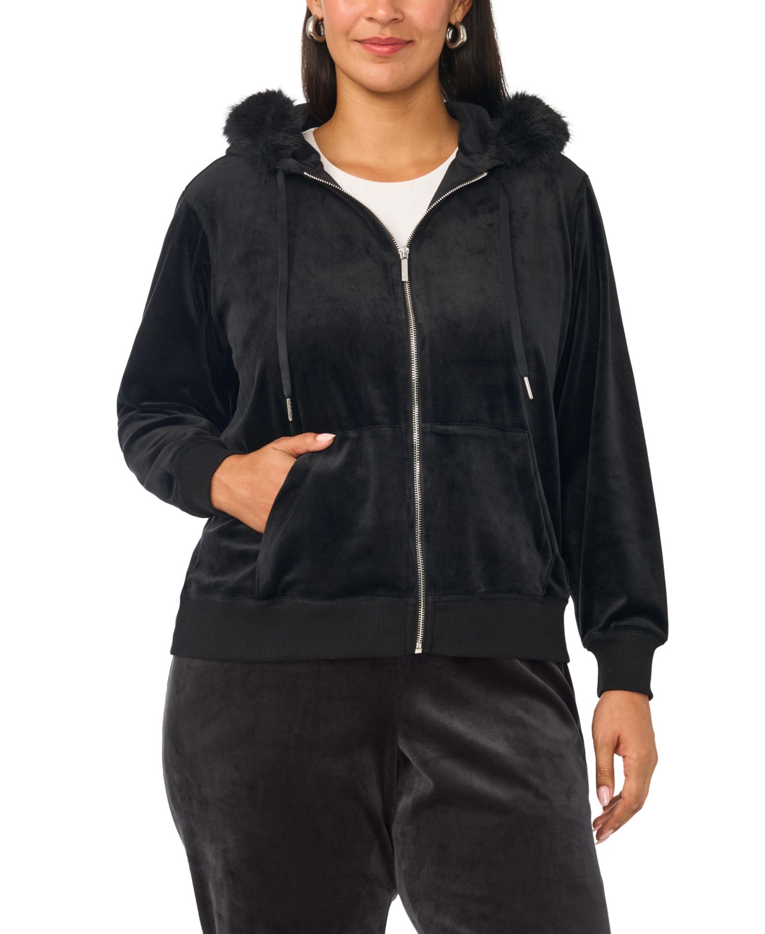Plus Size Zip-Up Hooded Velvet Hoodie