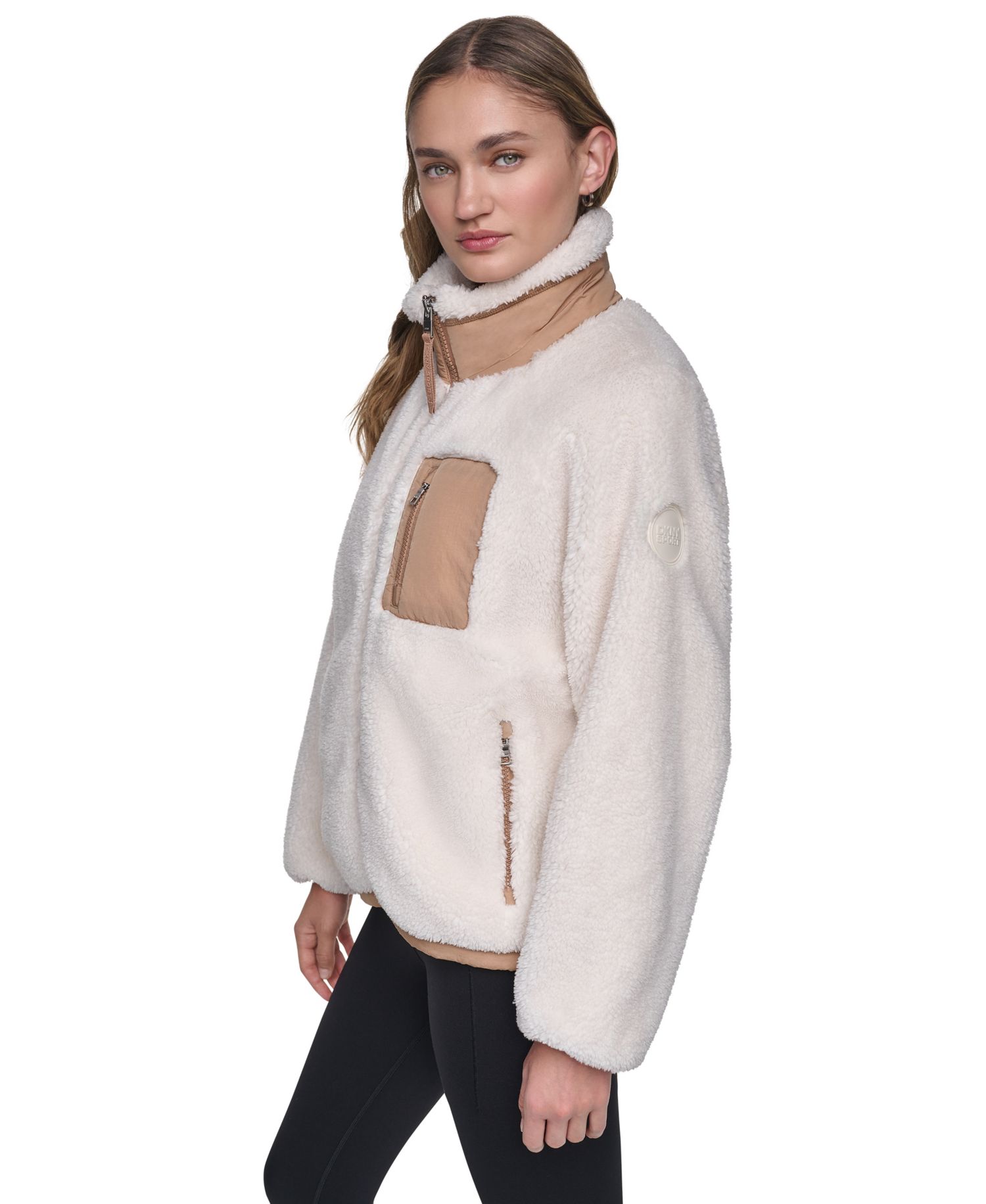 Women's Mock Neck Sherpa Jacket with Woven Piecing