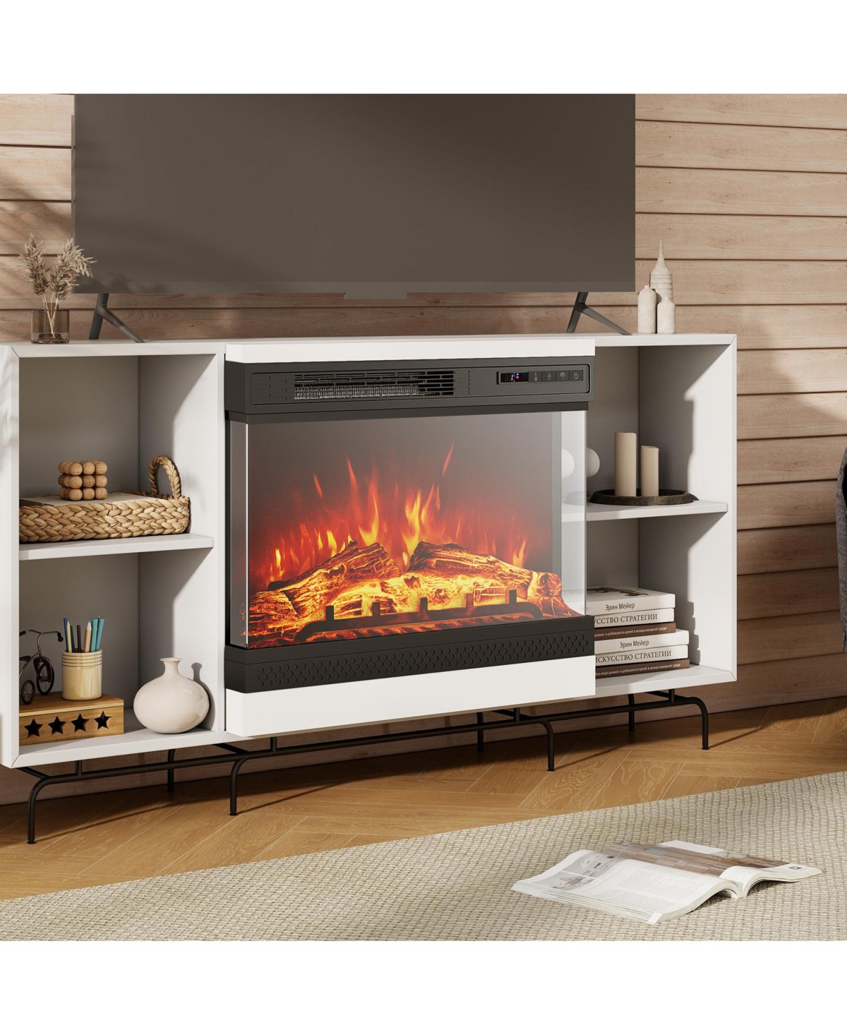 Boyel Living 24" 3-Sided Glass Electric Fireplace Heater with Remote, Panoramic 180 View