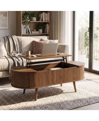 Mid-Century 47.2" Oval Lift Top Coffee Table with Fluted Panel & Large Hidden Storage – Dual-Zone Hydraulic Wood Table for Living Room