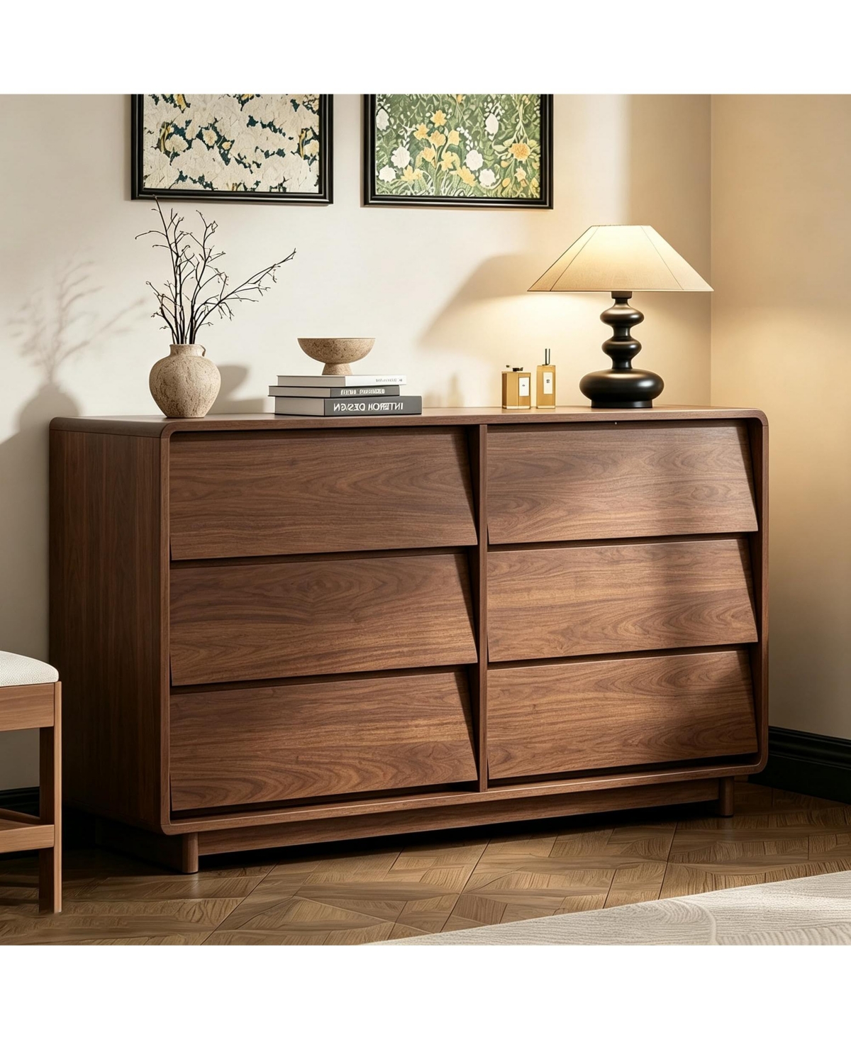homfan 6 Drawer Dresser for Bedroom, 47.2" Modern Wood Dresser with Handle-Free and Curved-Edge Design, Chests of Drawers with Large Capacity