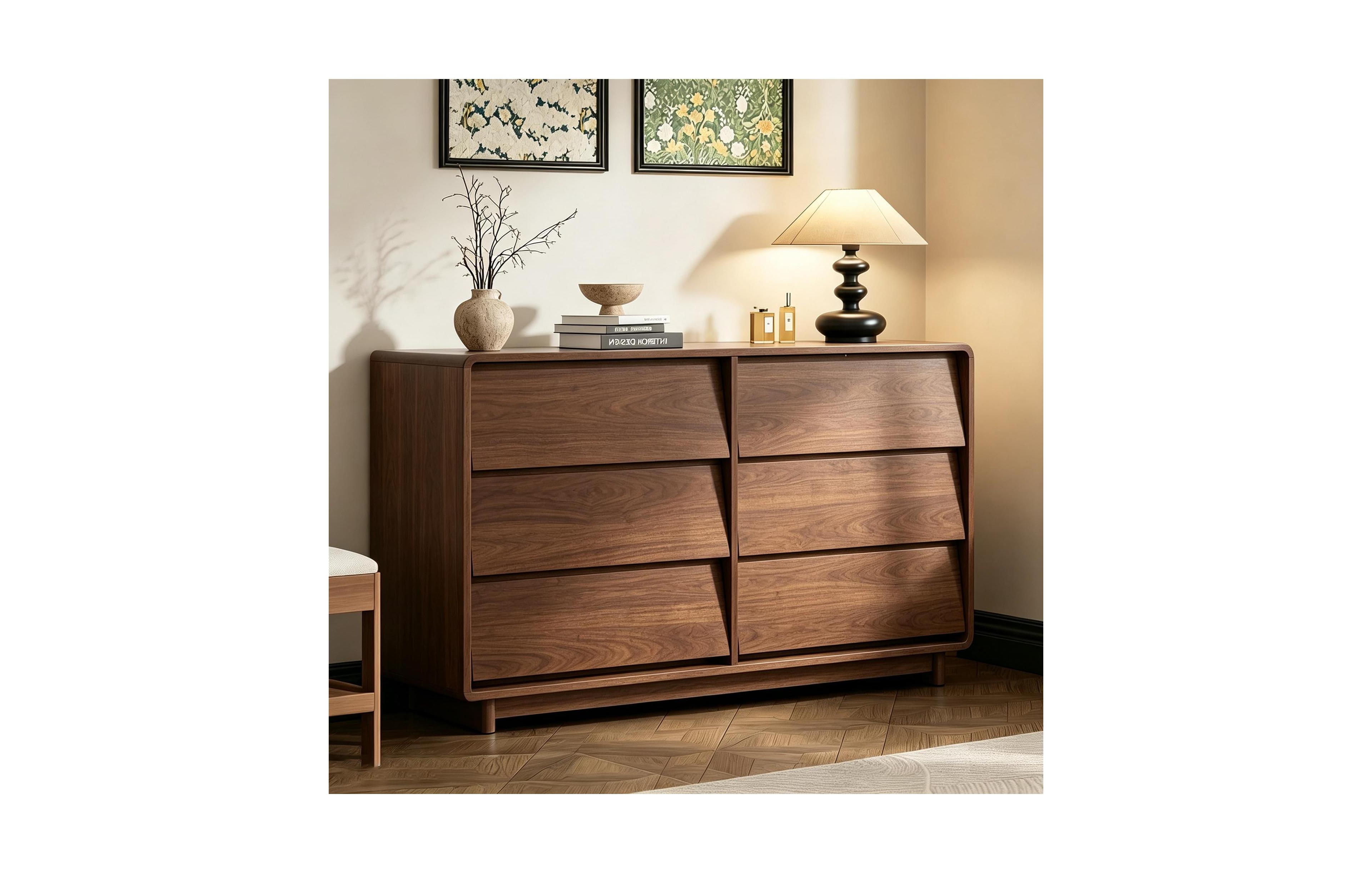 homfan 6 Drawer Dresser for Bedroom, 47.2" Modern Wood Dresser with Handle-Free and Curved-Edge Design, Chests of Drawers with Large Capacity