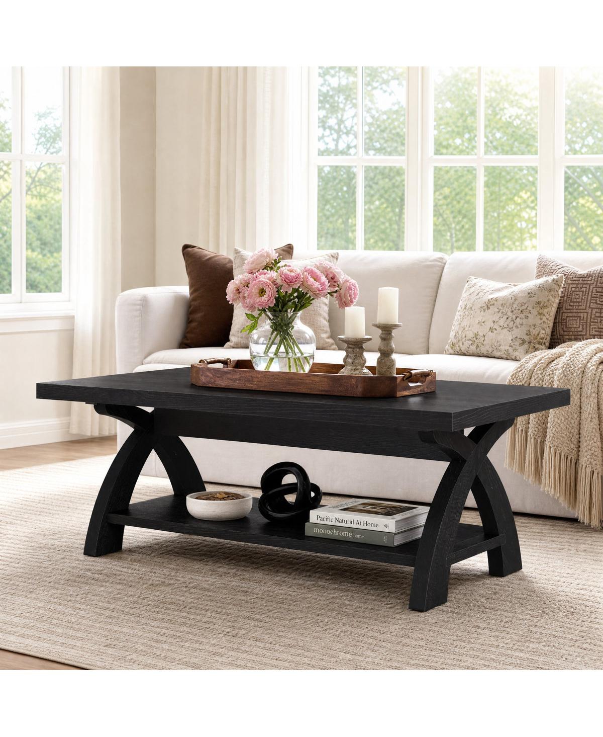 Tribesigns Solid Wood Coffee Table Farmhouse rectangular table with X-shaped legs and shelf. Industrial accent cocktail table for living room