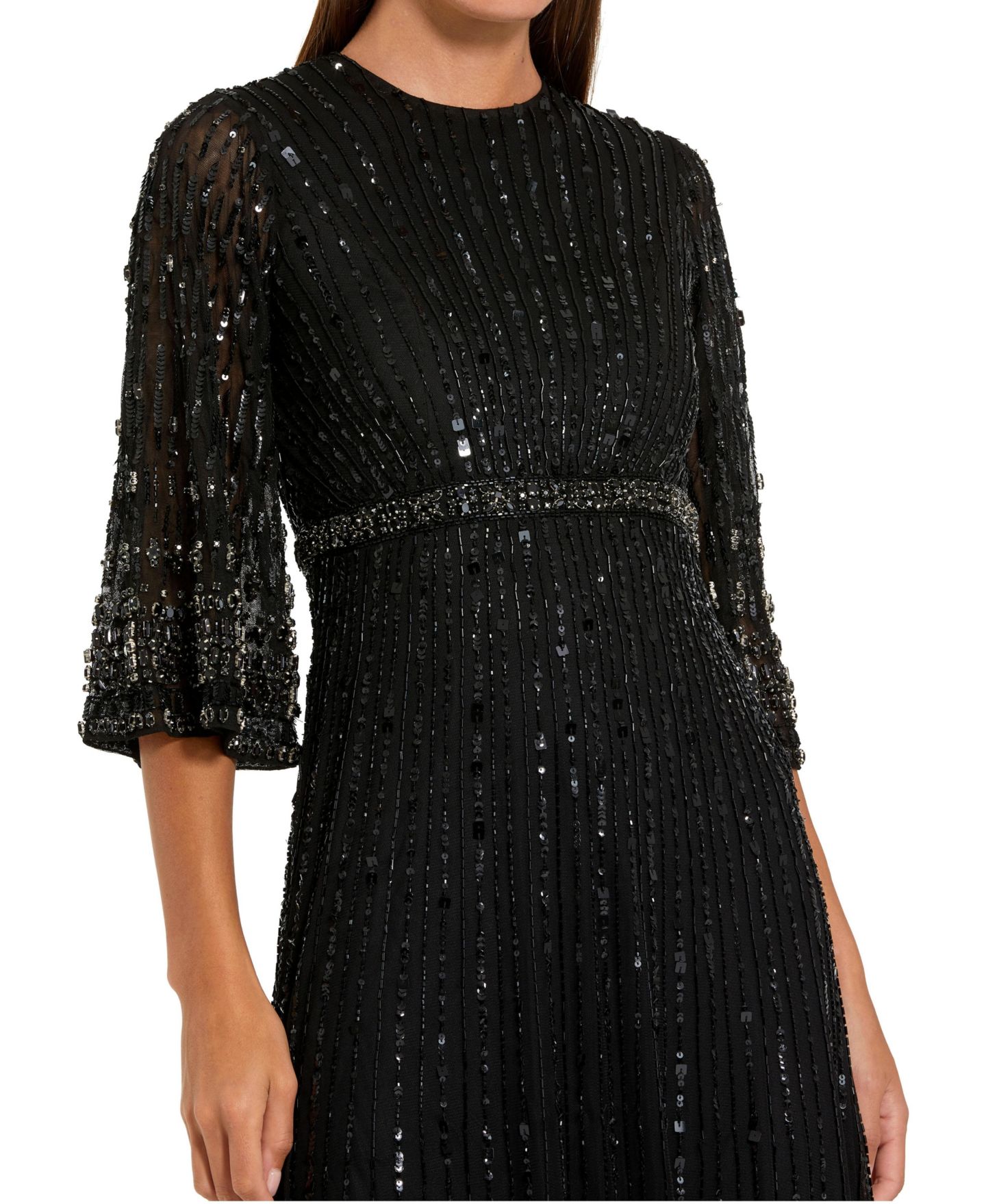 Женское платье Mac Duggal Petite Embellished Sequin 3/4 Sleeve Gown, цвет: Чёрный — фото 3