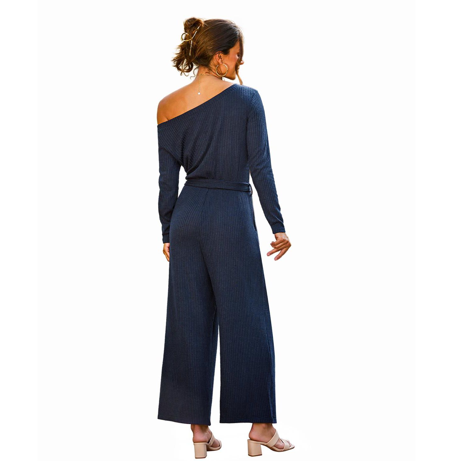 Женский комбинезон Cupshe A Good Look Off-the-Shoulder Long-Sleeve Wide-Leg Jumpsuit, цвет: Тёмный синий — фото 3