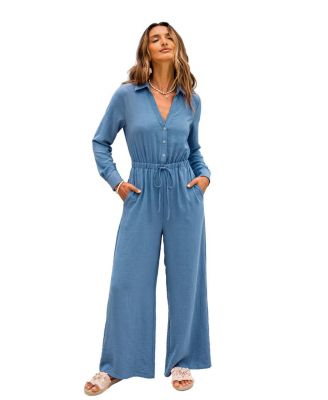 Women's Long-Sleeve Wide-Leg Collared Jumpsuit