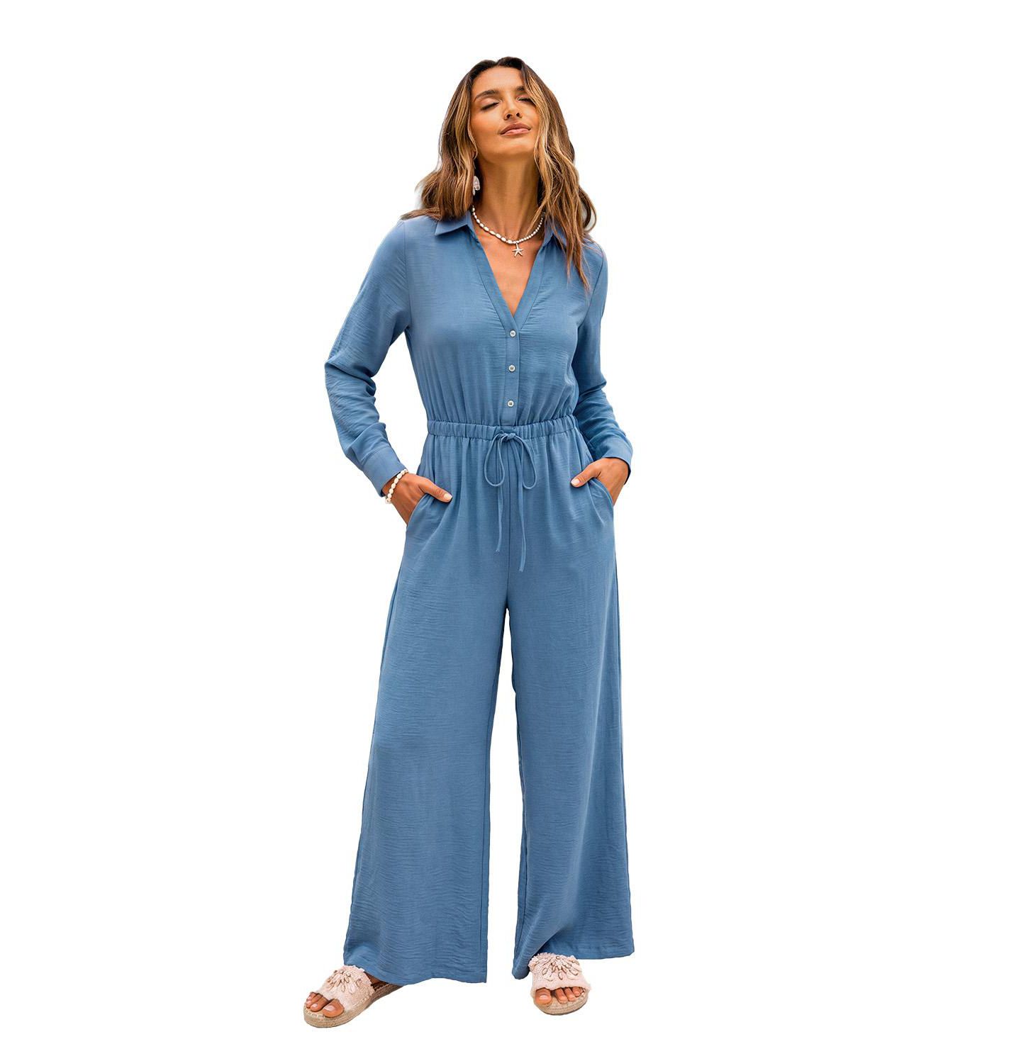 Женский комбинезон Cupshe Long-Sleeve Wide-Leg Collared Jumpsuit, цвет: Пастельный синий — фото 1