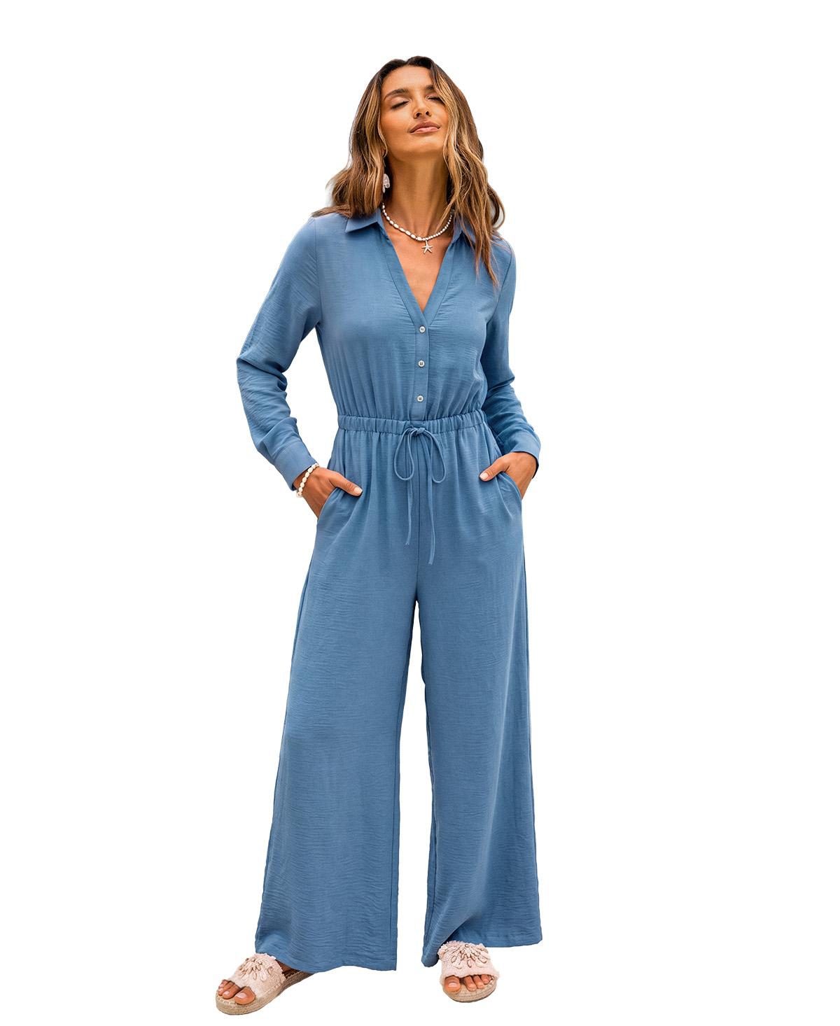 Cupshe Women's Long-Sleeve Wide-Leg Collared Jumpsuit