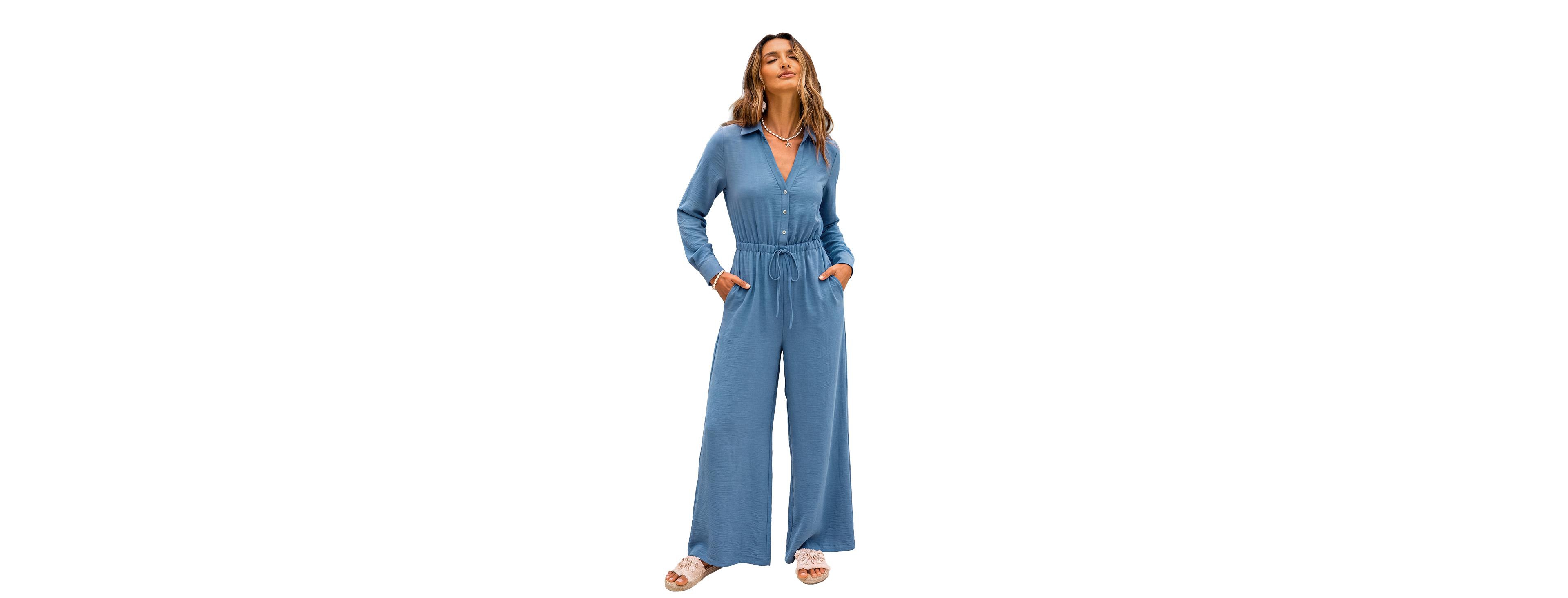 Cupshe Women's Long-Sleeve Wide-Leg Collared Jumpsuit