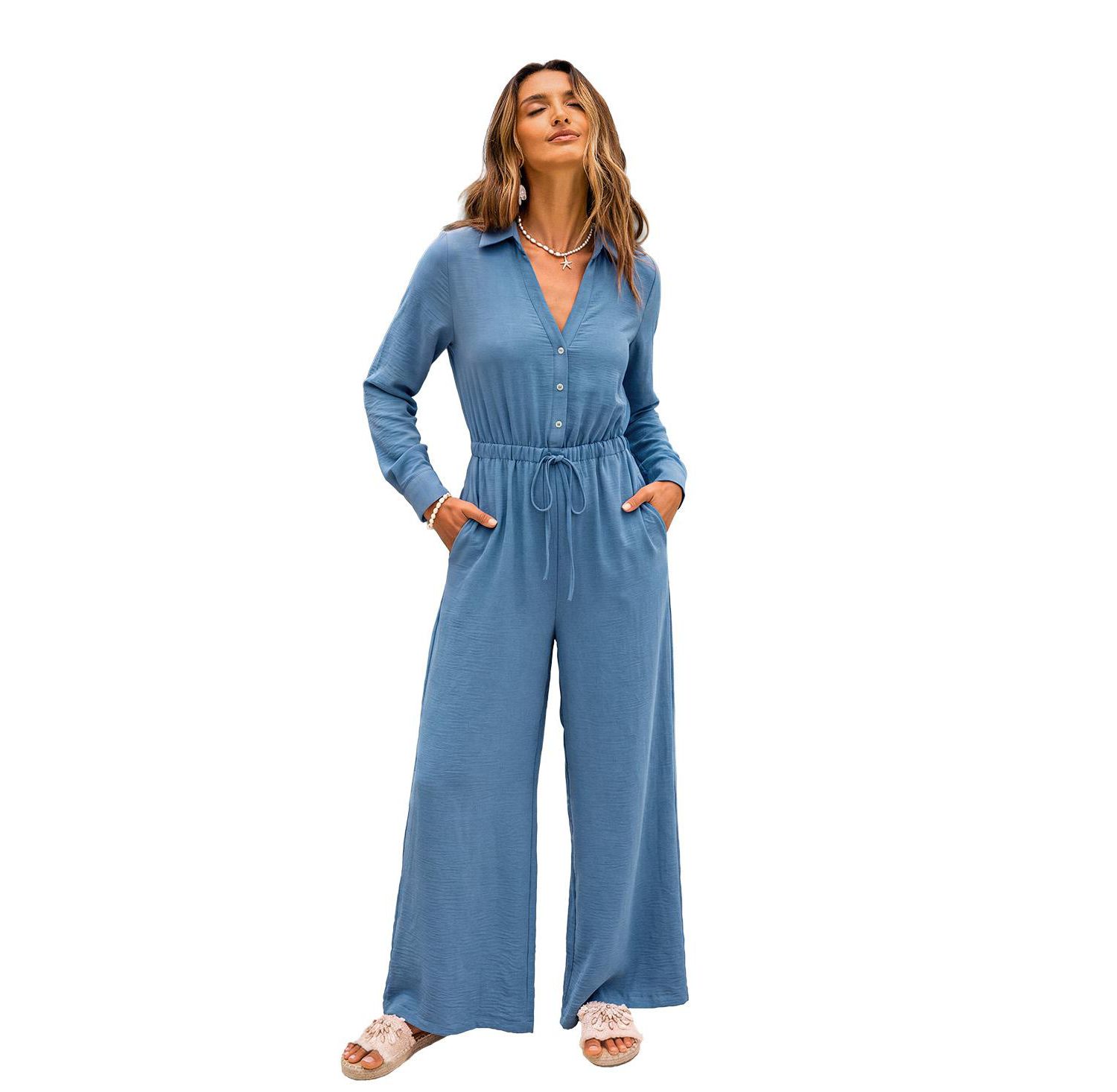 Women's Long-Sleeve Wide-Leg Collared Jumpsuit