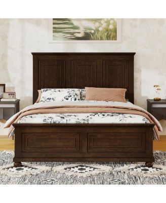 Queen Size Pinewood Bed with USB, Underbed Storage and Reinforced Frame, Farmhouse Panel Bed for Bedroom, Guest Room, Adults and Family Use