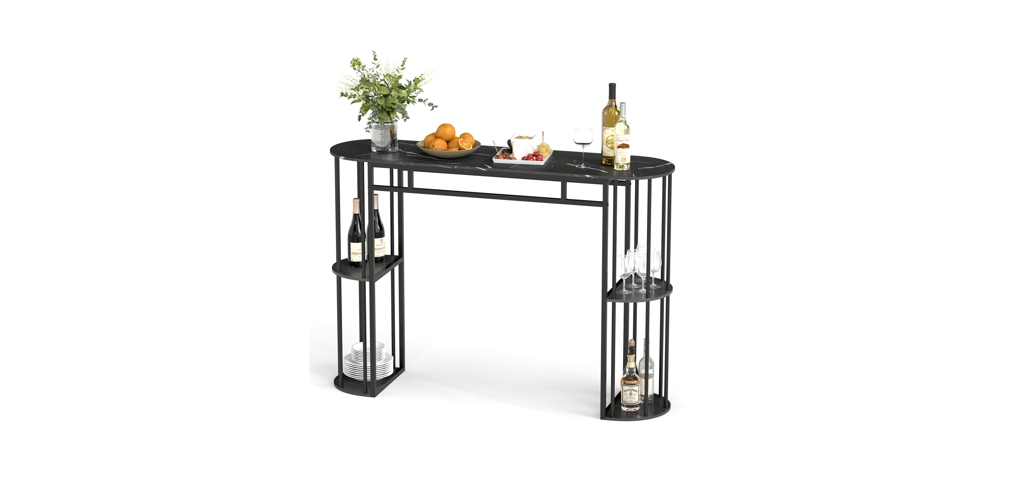 Mecale 60 Inch Long Bar Table Narrow with Faux Marble Tabletop and Storage Shelves