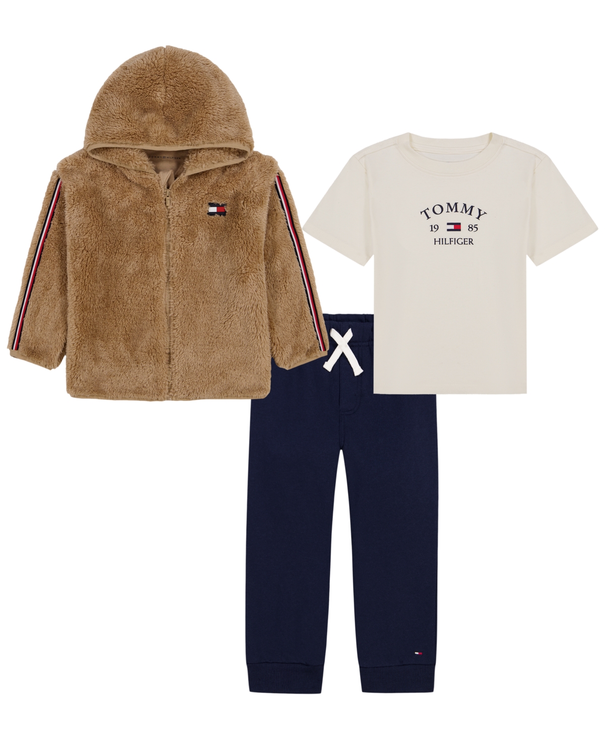 Tommy Hilfiger Toddler Boys' 2T-5T Short-Sleeve T-Shirt, Hooded Sherpa Jacket and Joggers, 3-Piece Set - Taupe