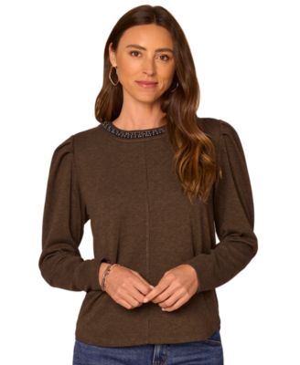 Petite Long-Sleeve Rhinestone Scoop-Neck Blouse