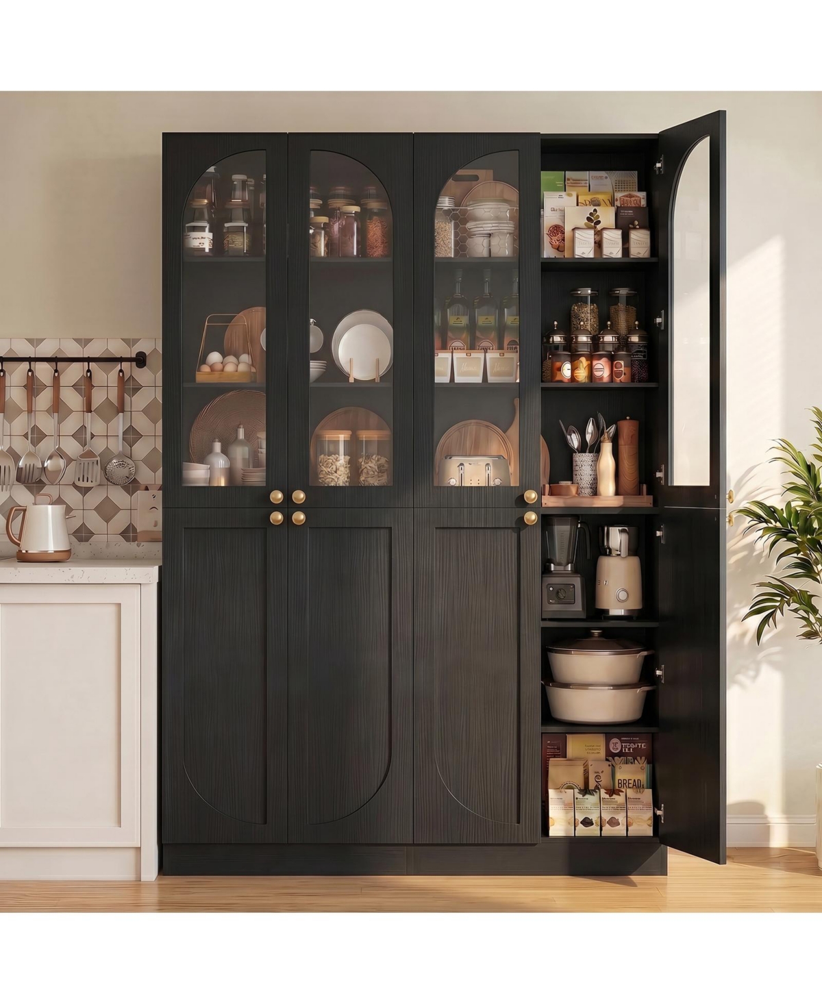 Aheaplus 80" Tall Kitchen Pantry Cabinet Set of 2 with Tempered Glass Doors
