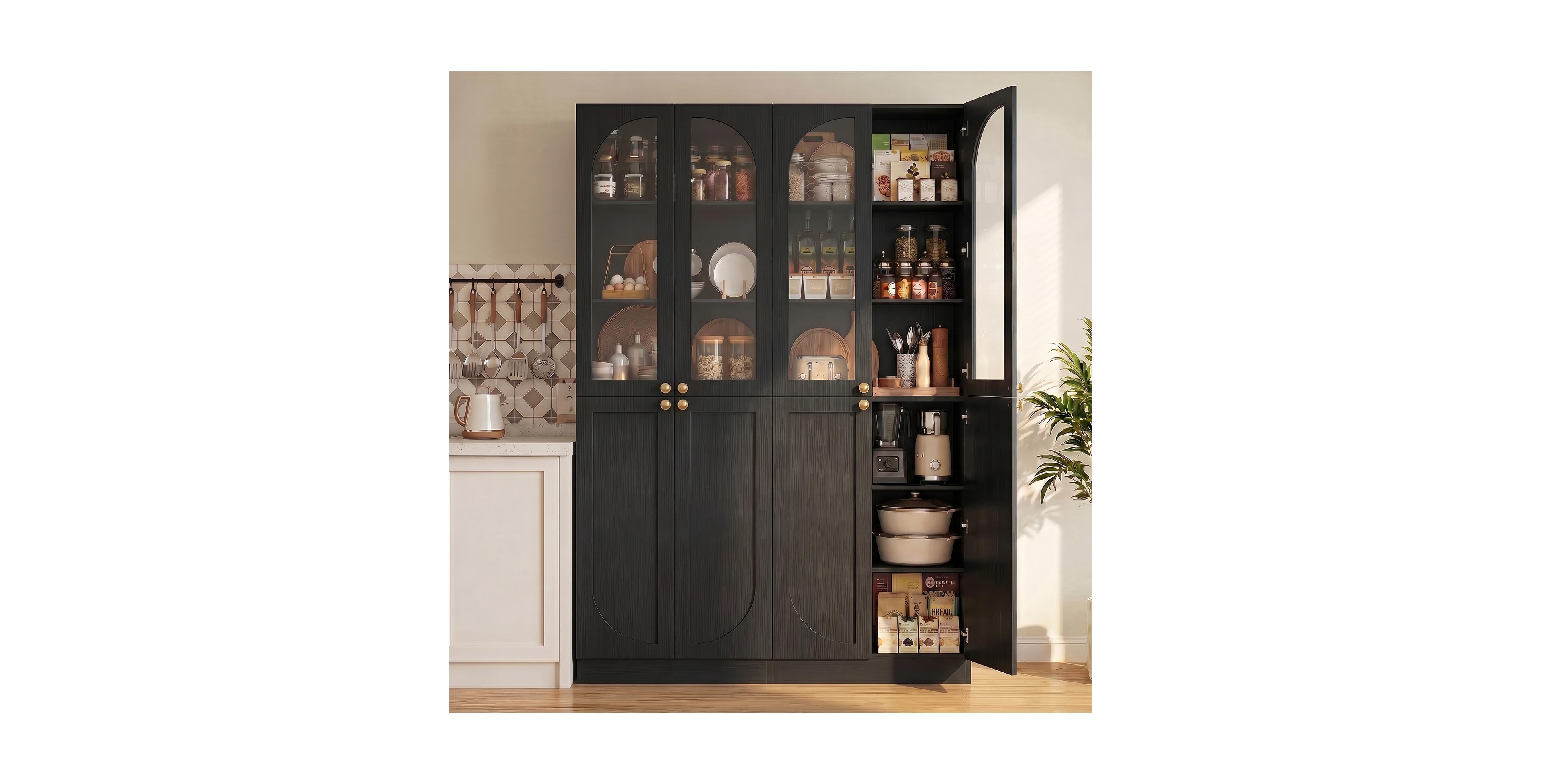 Aheaplus 80" Tall Kitchen Pantry Cabinet Set of 2 with Tempered Glass Doors