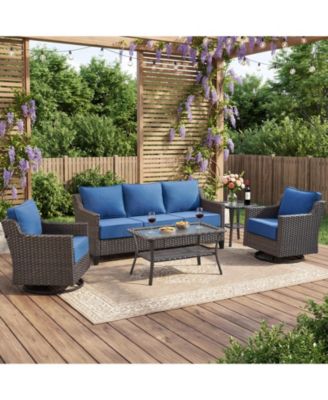 Horiz 5-Piece Outdoor Wicker Swivel Rocker Conversation Set with Tempered Glass Coffee Table for Patio Deck Balcony