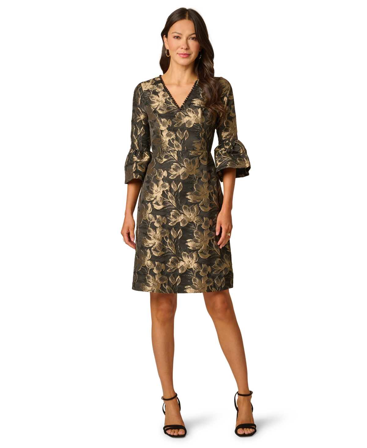 Adrianna Papell Women's V-Neck Metallic Jacquard Wedding Guest Dress - Black Gold