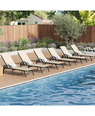 Adjustable Outdoor Lounge Chairs Set of 6, Metal Reclining Patio Chaise with Quick Dry Textilene Seat, Heavy Duty Poolside Sun Lounger