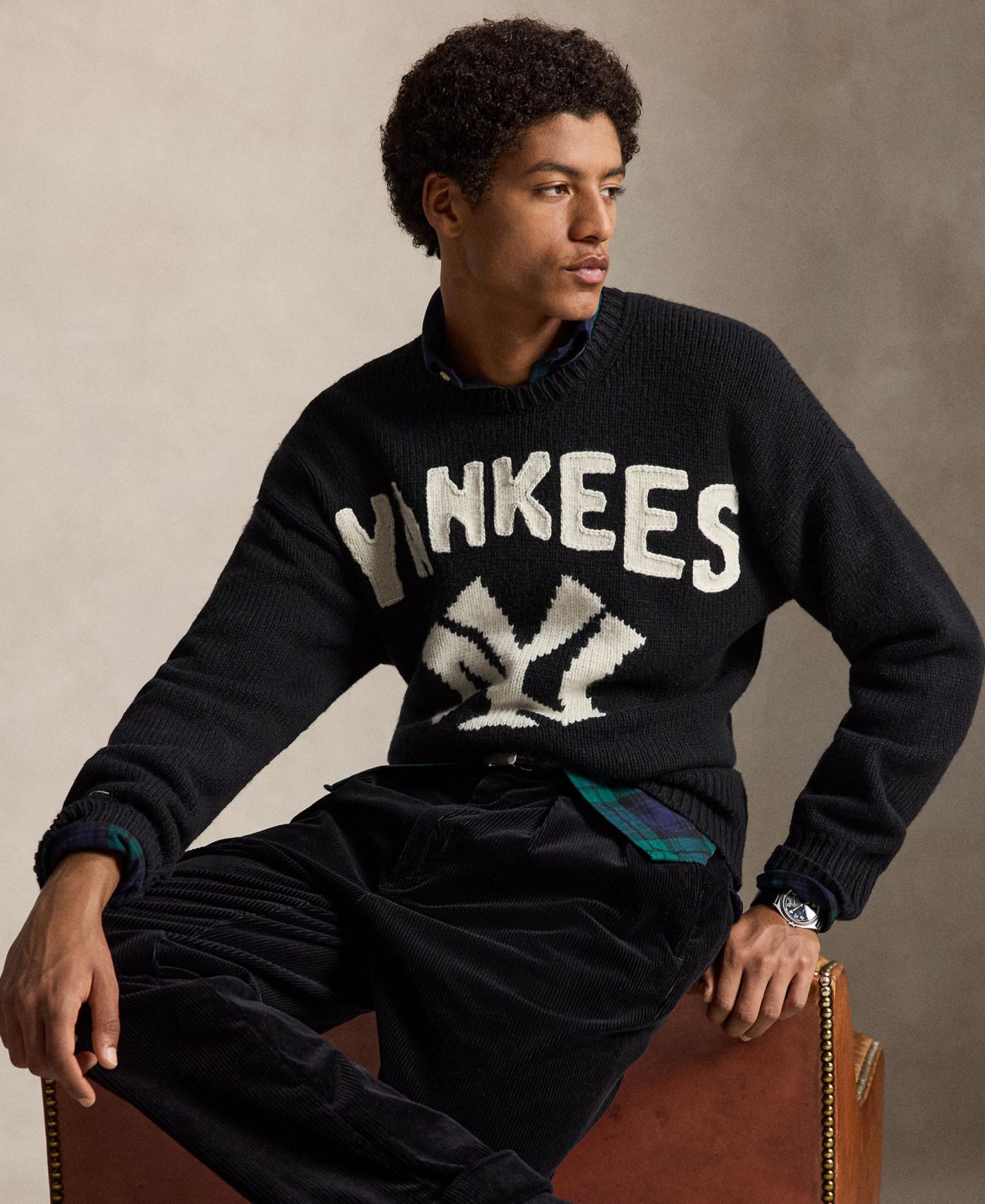 Мужской свитер Polo Ralph Lauren Yankees Wool-Alpaca Relaxed-Fit Crewneck, цвет: Чёрный разноцветный — фото 3