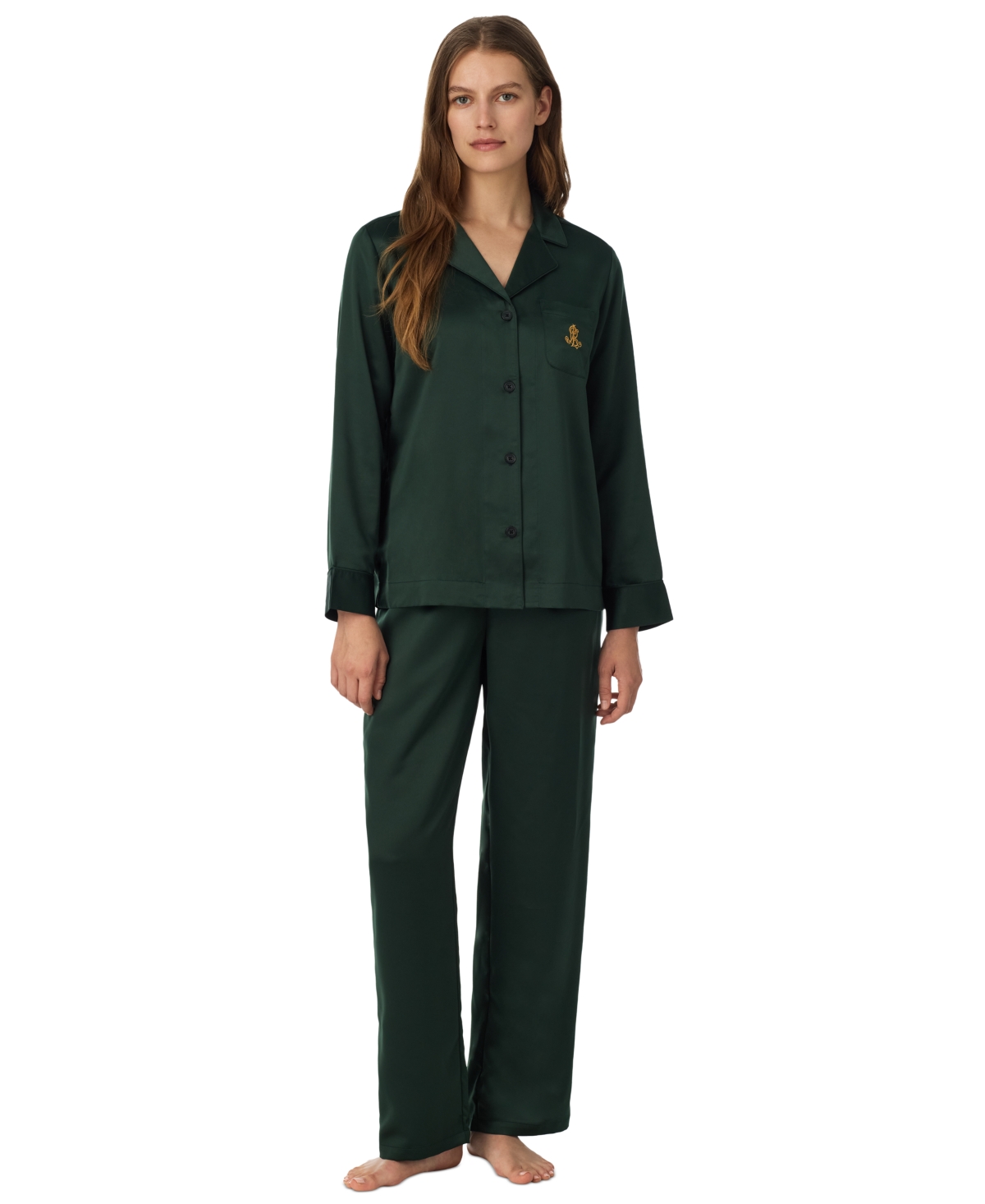 Lauren Ralph Lauren Women's Satin Long Sleeve Notch Collar Pajama Top and Pajama Pants, 2-Piece Set, Created for Macy's - Green