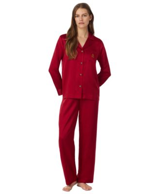 Women's Satin Long Sleeve Notch Collar Pajama Top and Pajama Pants, 2-Piece Set