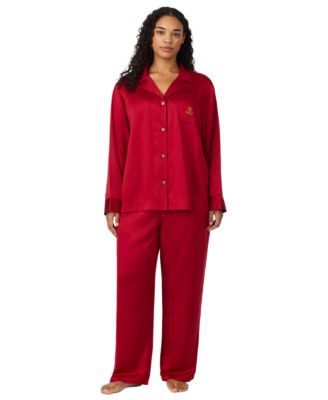 Plus Size Satin Long-Sleeve Notch Collar Top and Pants, 2-Piece Pajama Set