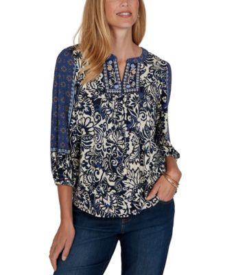 Petite Foliage Henley 3/4-Sleeve Floral-Print Blouse