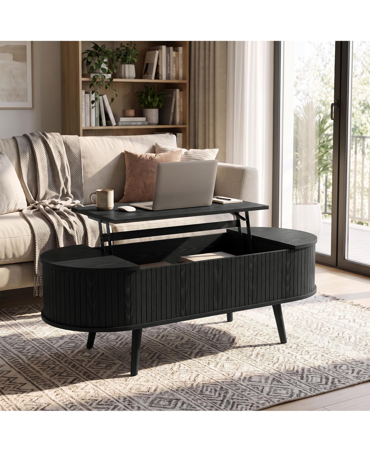 homfan Wood Coffee Table Indoor Outdoor with Iron Legs