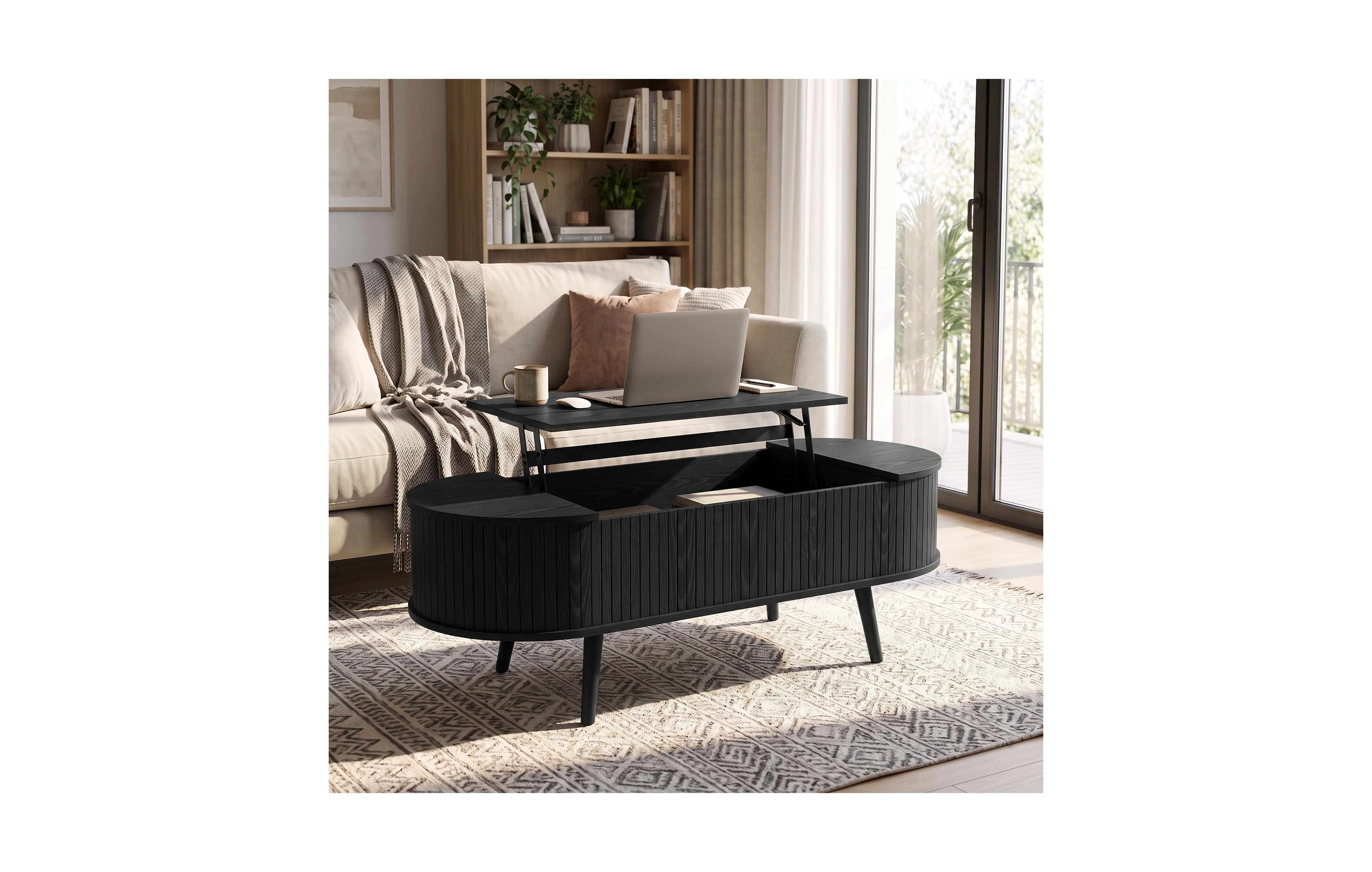 homfan Mid-Century 47.2" Oval Lift Top Coffee Table with Fluted Panel & Large Hidden Storage – Dual-Zone Hydraulic Wood for Living Room