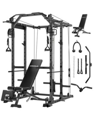 Power Cage, Squat Rack with Dual Pulley Cable Crossover System, Multifunction Free Weight Home Gym Workout Machine with Attachments