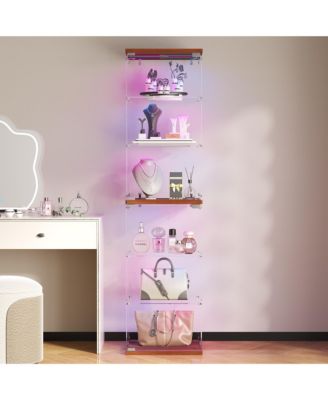 Glass Display Cabinet With Rgb Sensor Lights, Solid Wood Storage Cabinet