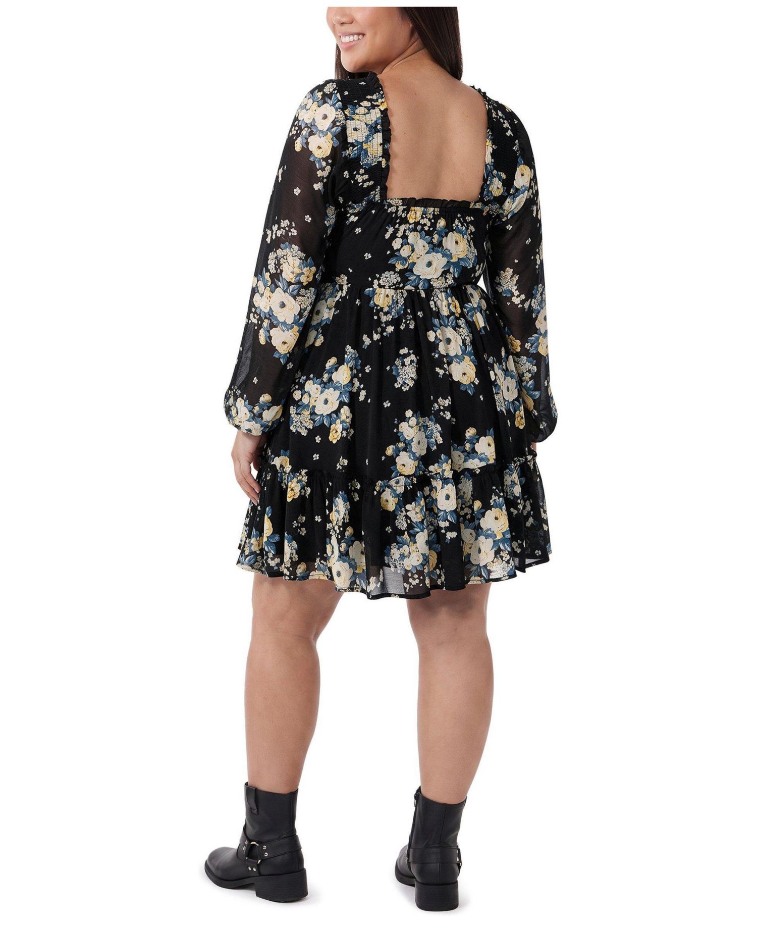 Plus Size Floral-Print V-Neck Long-Sleeve Mini Dress