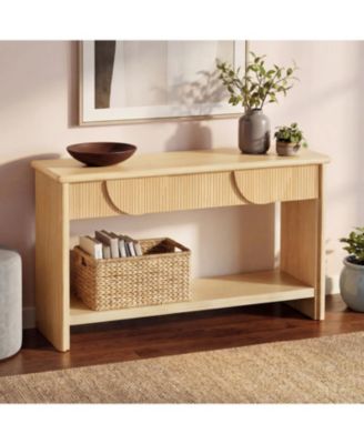 55" Fluted Console Table, with Semi Circular Drawers and Bottom Shelf, Vertical Strip Decor, for Living Room Hallway Office
