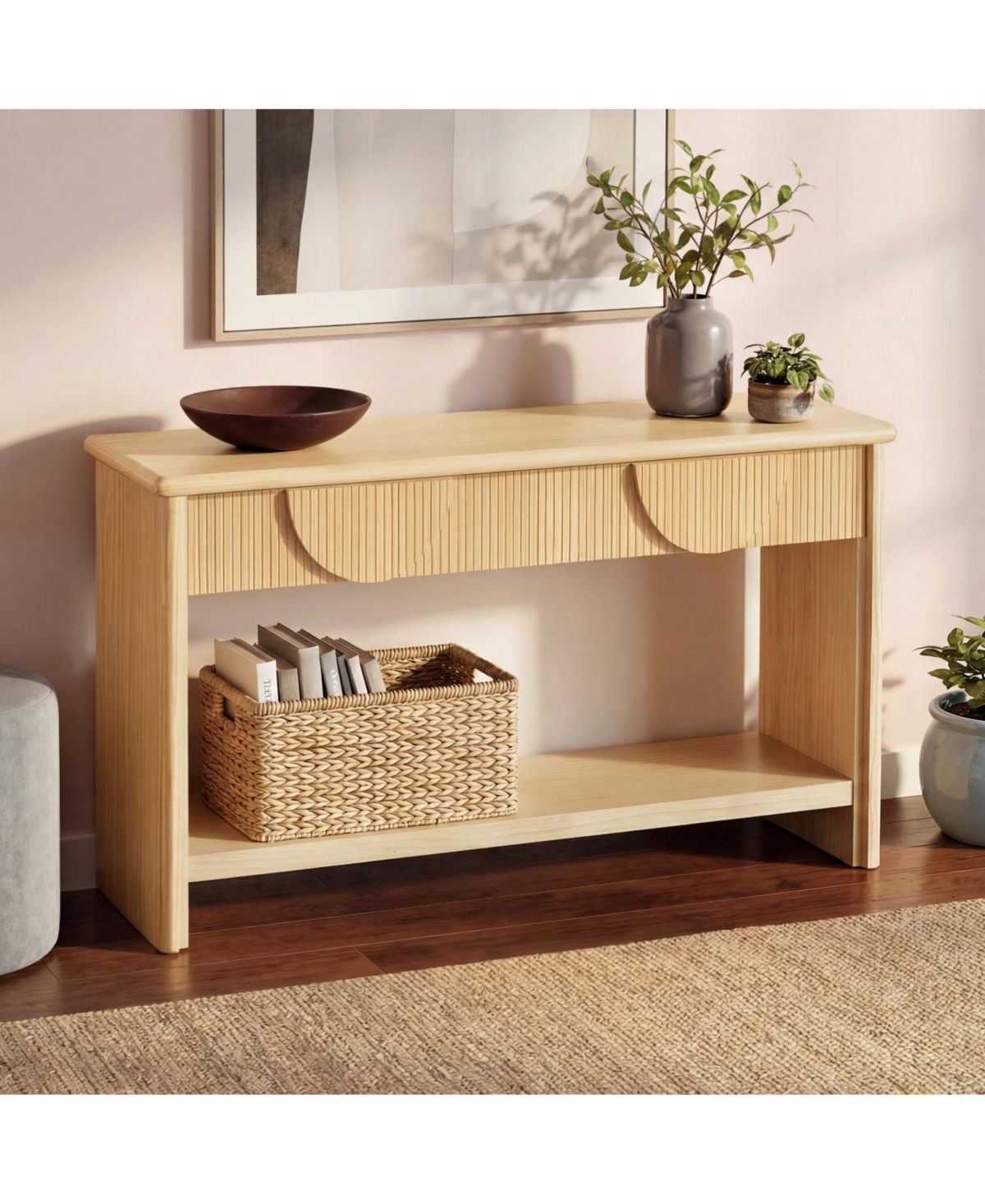 Rainsken 55" Fluted Console Table, with Semi Circular Drawers and Bottom Shelf, Vertical Strip Decor, for Living Room Hallway Office