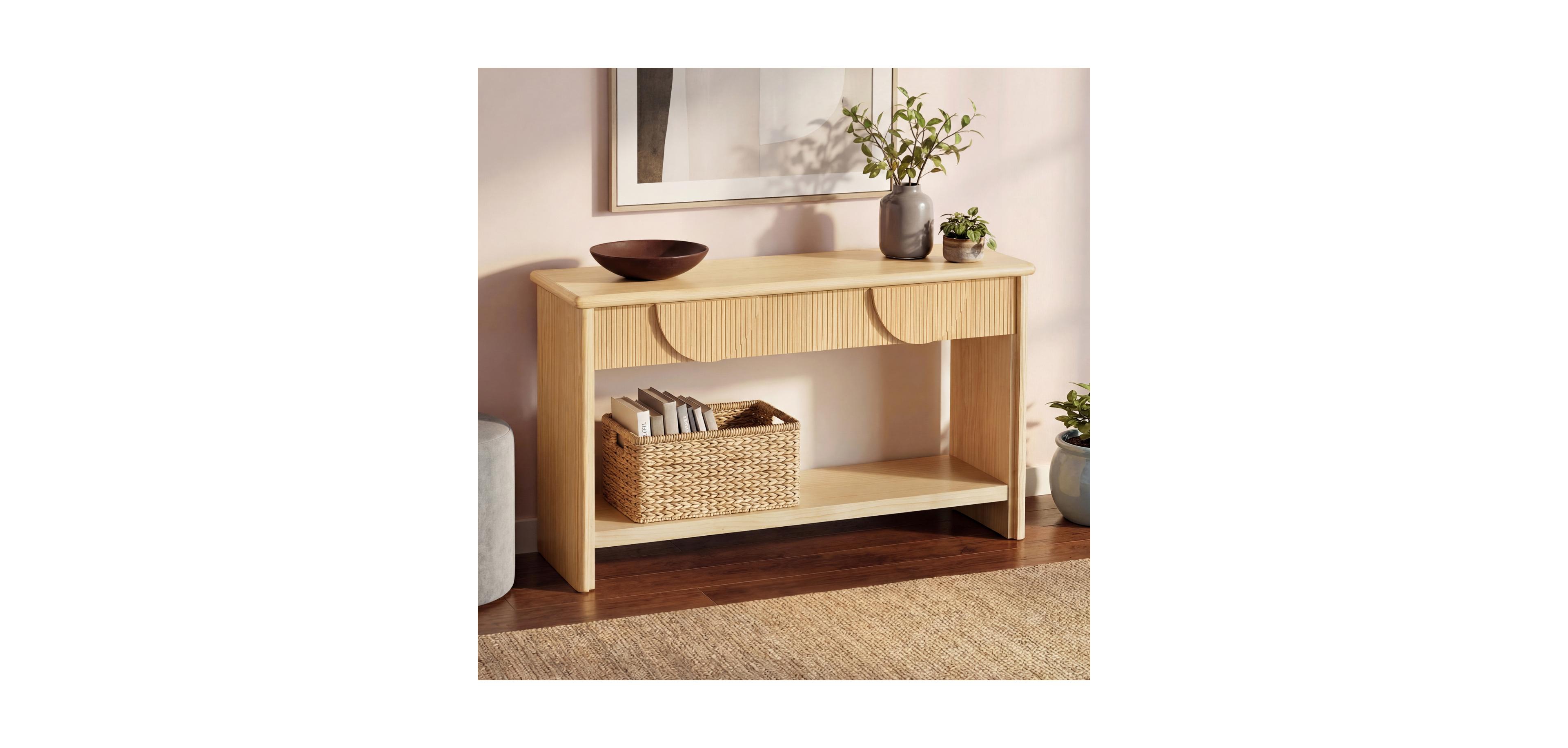 Rainsken 55" Fluted Console Table, with Semi Circular Drawers and Bottom Shelf, Vertical Strip Decor, for Living Room Hallway Office