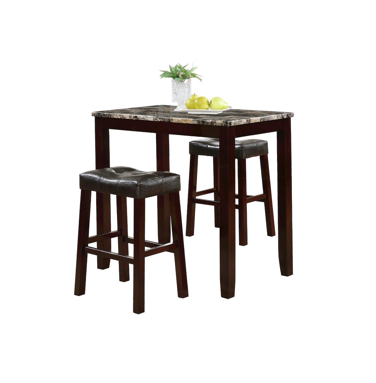 Roundhill Furniture Scaff 3-Pc Counter Height Glossy Print Marble Breakfast Table with Stools
