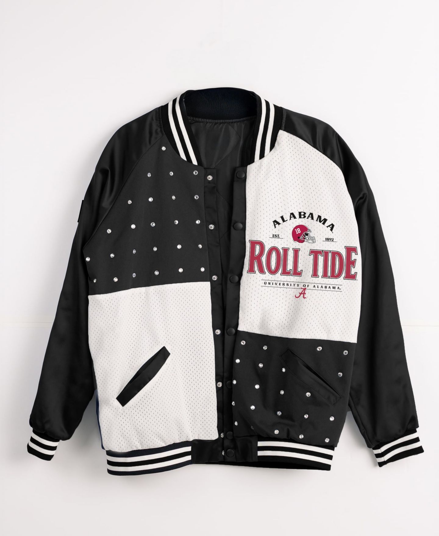 Женская куртка Gameday Couture Black Alabama Crimson Tide Oversized Inner Drive Varsity Rhinestone Full-Snap Bomber, цвет: Чёрный / Белый — фото 7