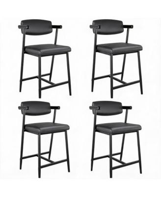 Set of 4 Bar Stools with Arms and Back - 26" Counter Height, Black Faux Leather, Metal Footrest, Easy Assembly for Kitchen Island and Bar
